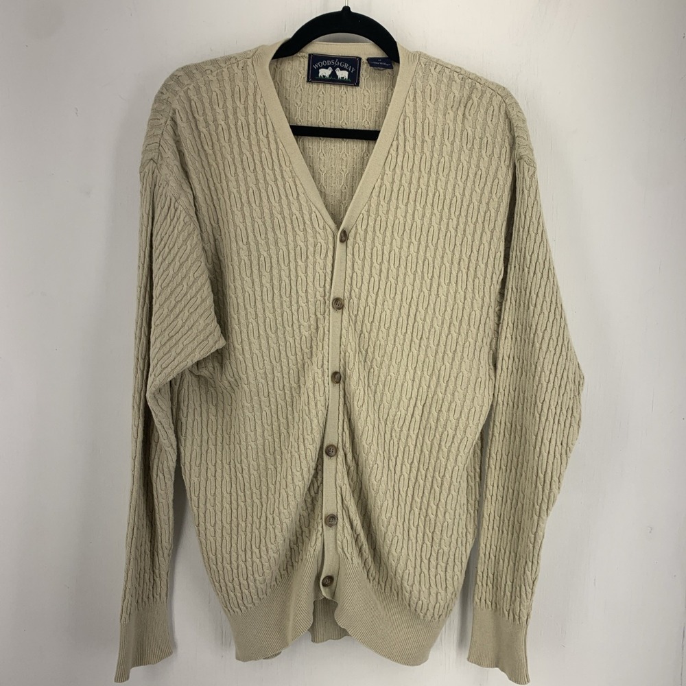 Vintage 90s Wood & Gray Medium Cable Knit Cardigan Sweater Grandpa Preppy Dad